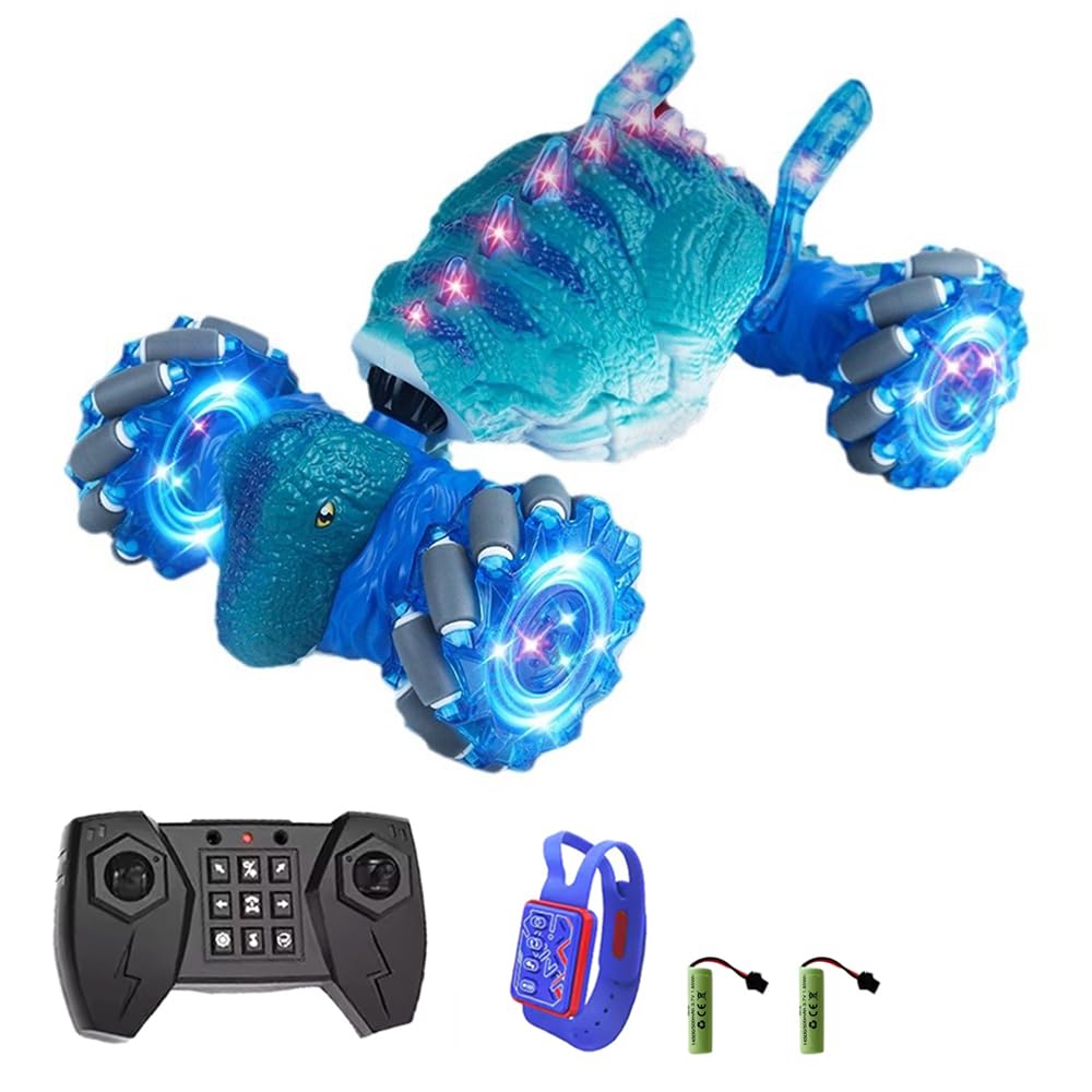 Dodoore Remote Control Cars, 2.4GHz 4WD Dinosaur Stunt Car Toys with 2 Control Modes, LED Light & Music, 360° Rotation Stunt Twist Hand Controlled Car Gifts for Teens 2 Battery