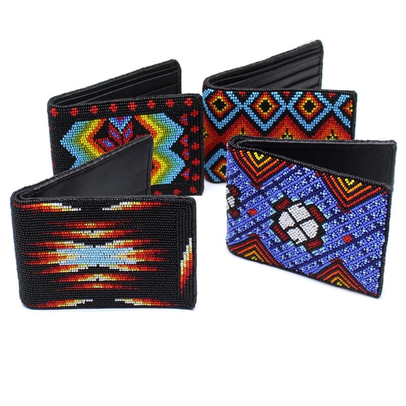 Beaded Leather Wallet, Seed Beads Native American Style Unisex Wallet, Handmade Beaded Purse. (Turquoise Blue,Red,Orange)4