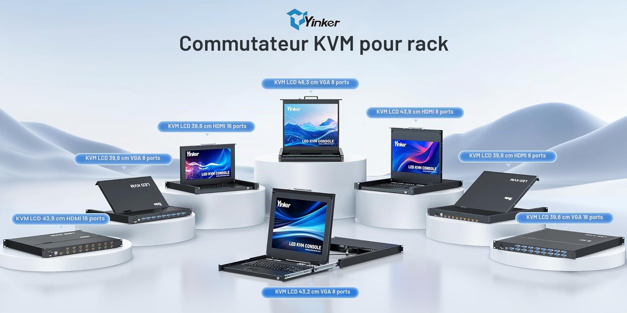 Console KVM VGA 8 ports 15,6" Écran LCD VGA Commutateur KVM Compatible avec Rack 1U 19" 600 mm de profondeur 600 mm avec clavier Touchpad Tiroir Câble KVM