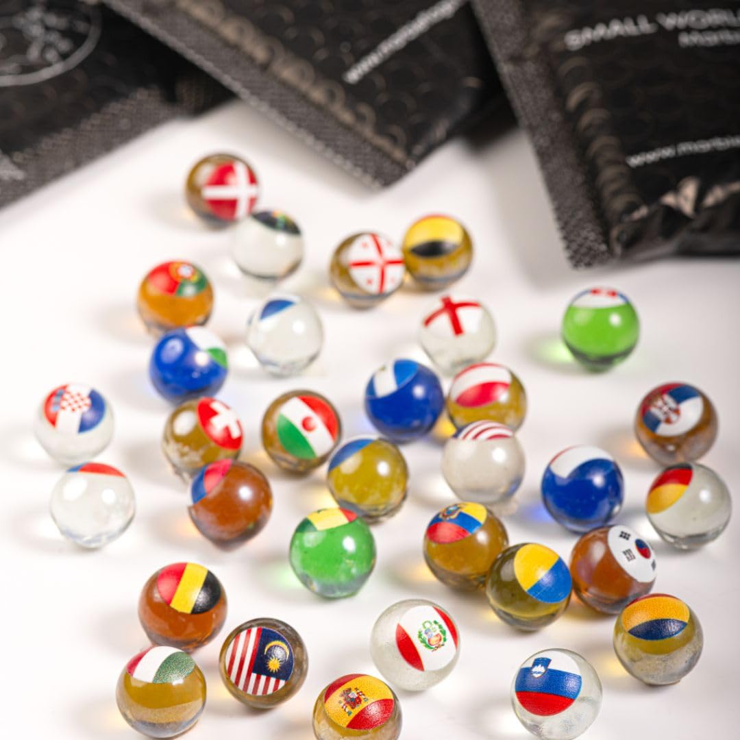 Komplette Kollektion mit 115 Murmeln Small World Collection | Flaggen der Welt | 16 mm Ideal für Rund- und Filmrennen