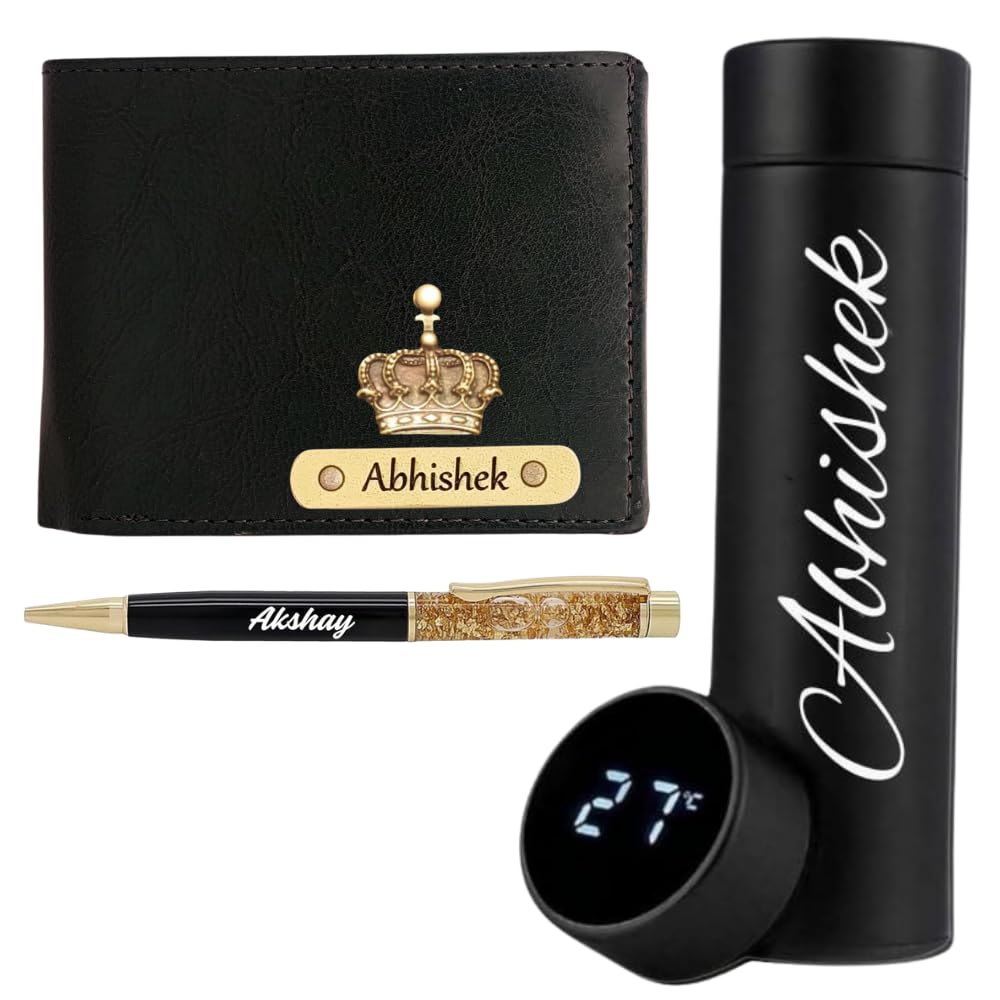 Leather Gift - Personalized Wallet/Wallets + Pen + Temperature Bottle Men Customized Name/Name Purse Male/Wedding Gift for Men - Parent (Black)-image-11
