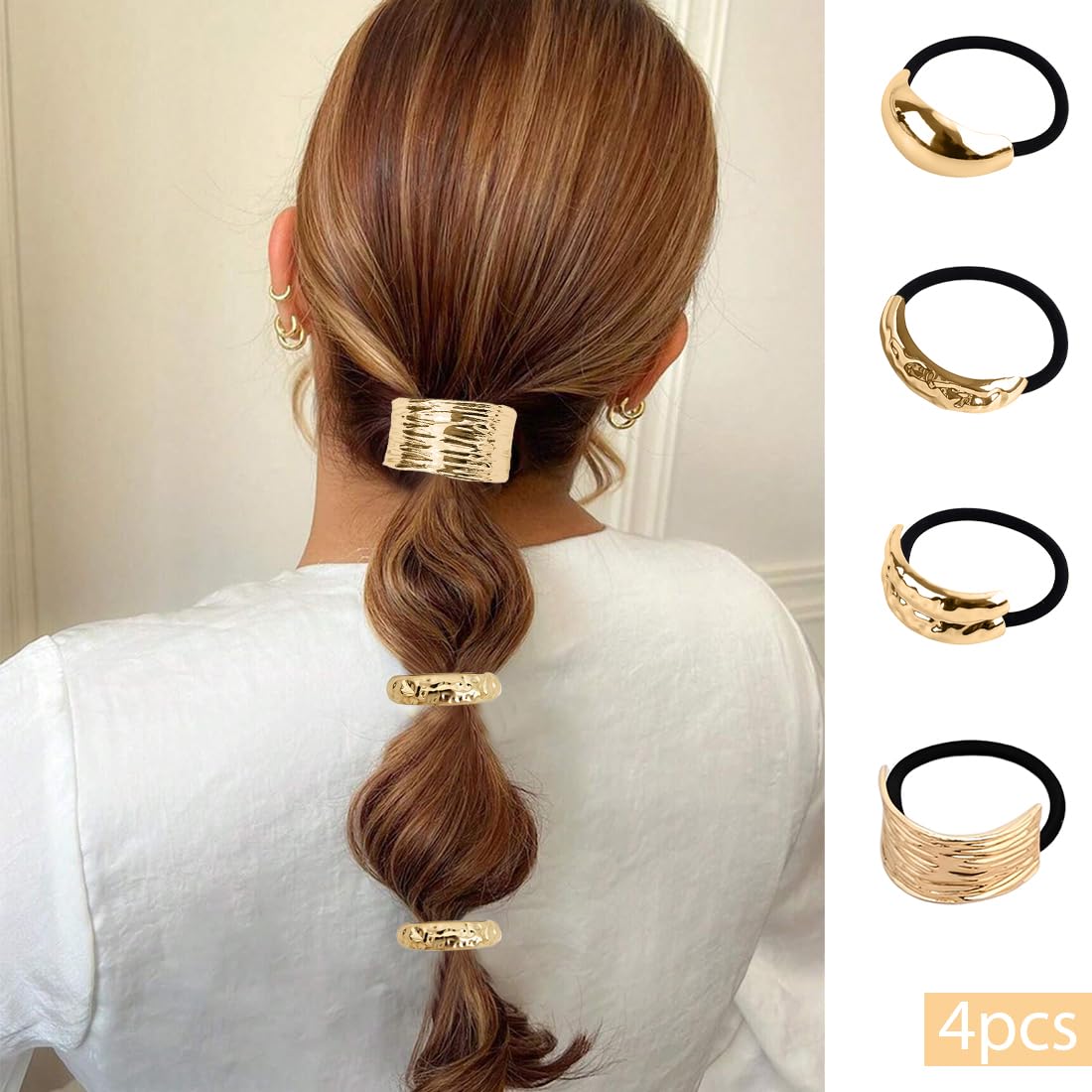 4 pcs gomas para el pelo para cola de caballo, puño de metal dorado, Cinta Elástica Atacaño para el Pelo, para coletas doradas, gomas para el pelo punk, para accesorios de cabello finos