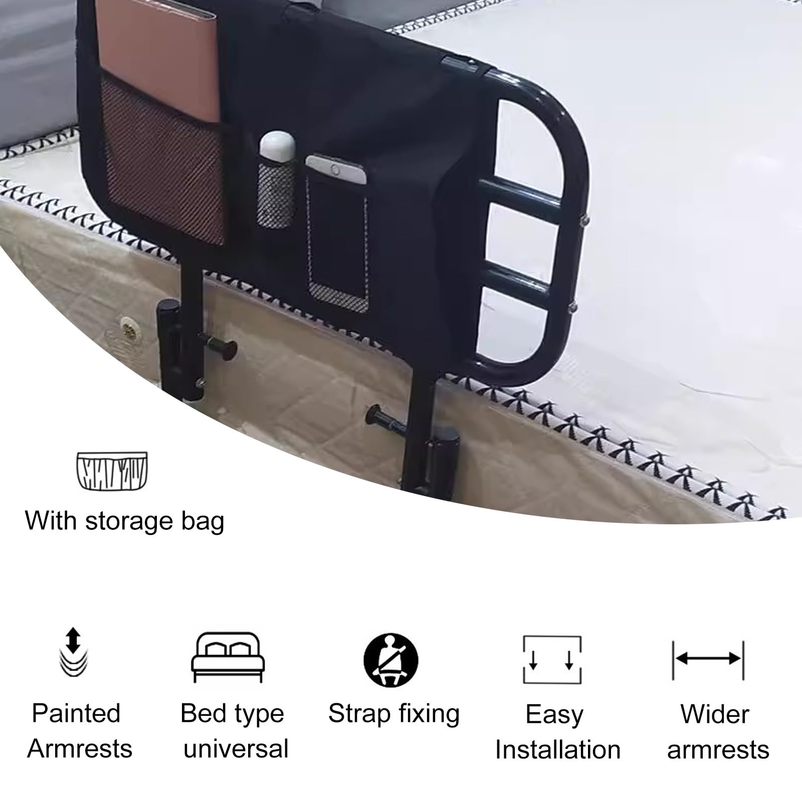Asa De Cama Y Auxiliar De Cabecera, Barandillas De Cama For Personas Mayores, Bastón De Cama For Personas Mayores, Tubo De Acero Al Carbono Engrosado, Ensanchado, Ancho Ajustable, Abatible