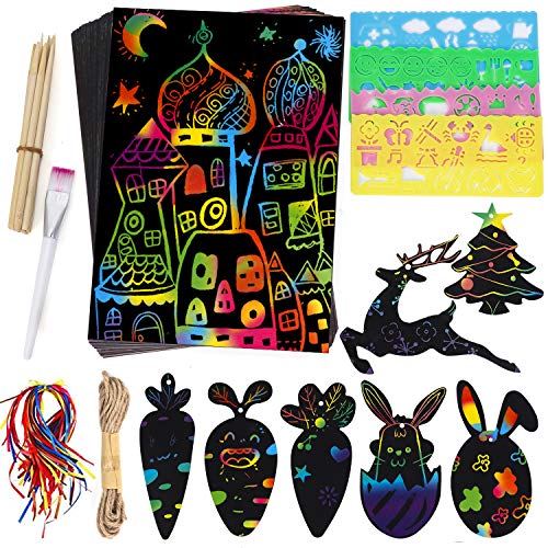 EFO SHM Kratzbilder Bastelset Kinder DIY Kunst Zeichnung Schwarz Beschichtet Bunte Kratzpapier mit Werkzeug Set