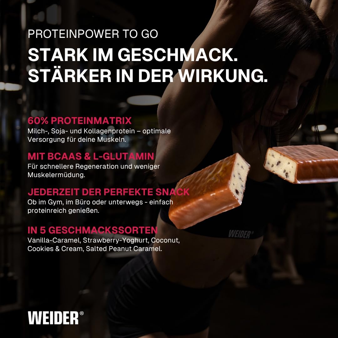 Weider 60% Proteinriegel - Hochproteinhaltiger Riegel mit 27g Protein, wenig Zucker, BCAAs & Zink - Ideal für Muskelwachstum - 24er Pack - Vanilla-Caramel