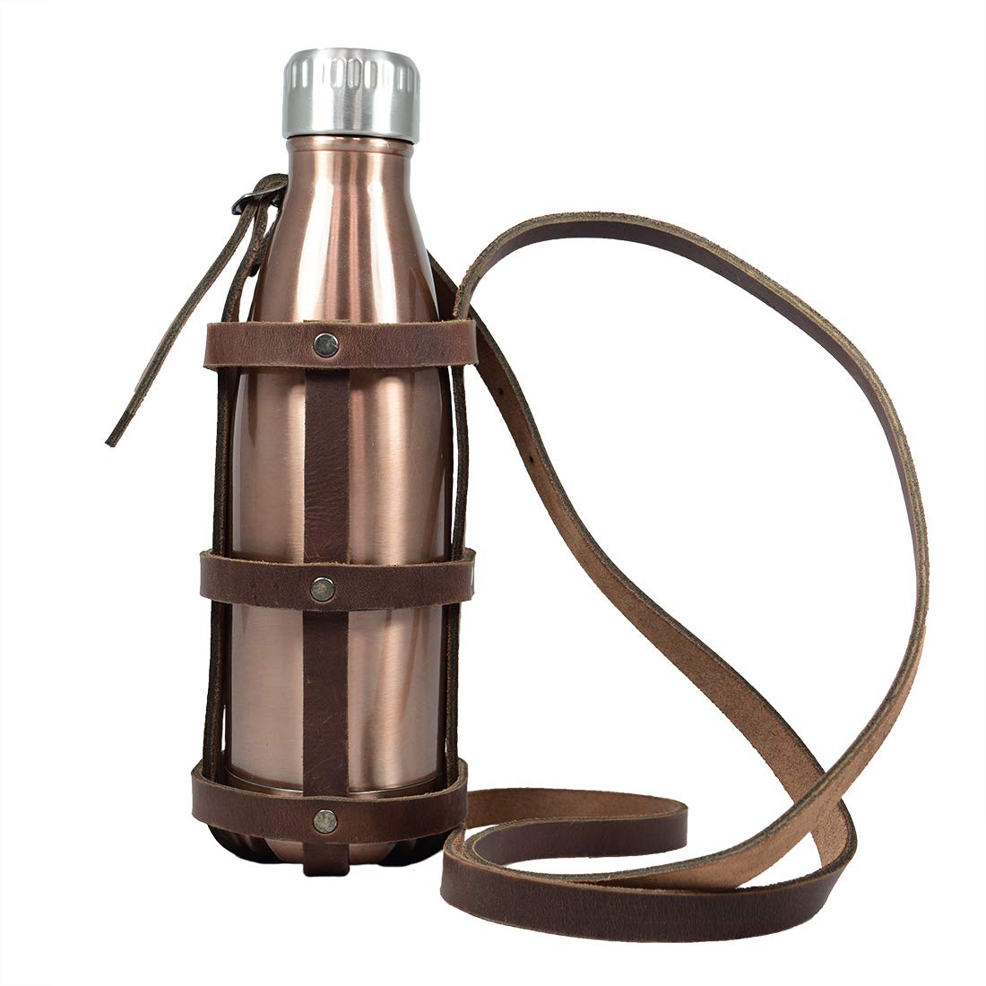 Hide & Drink, Rustic Leather Water Bottle Holder With Adjustable Strap, Fits (2.5 in.) Diameter Bottles, Holster, Carrier, Case, Booze Strap, Handmade Includes 101 Year Warranty :: Bourbon Brown
