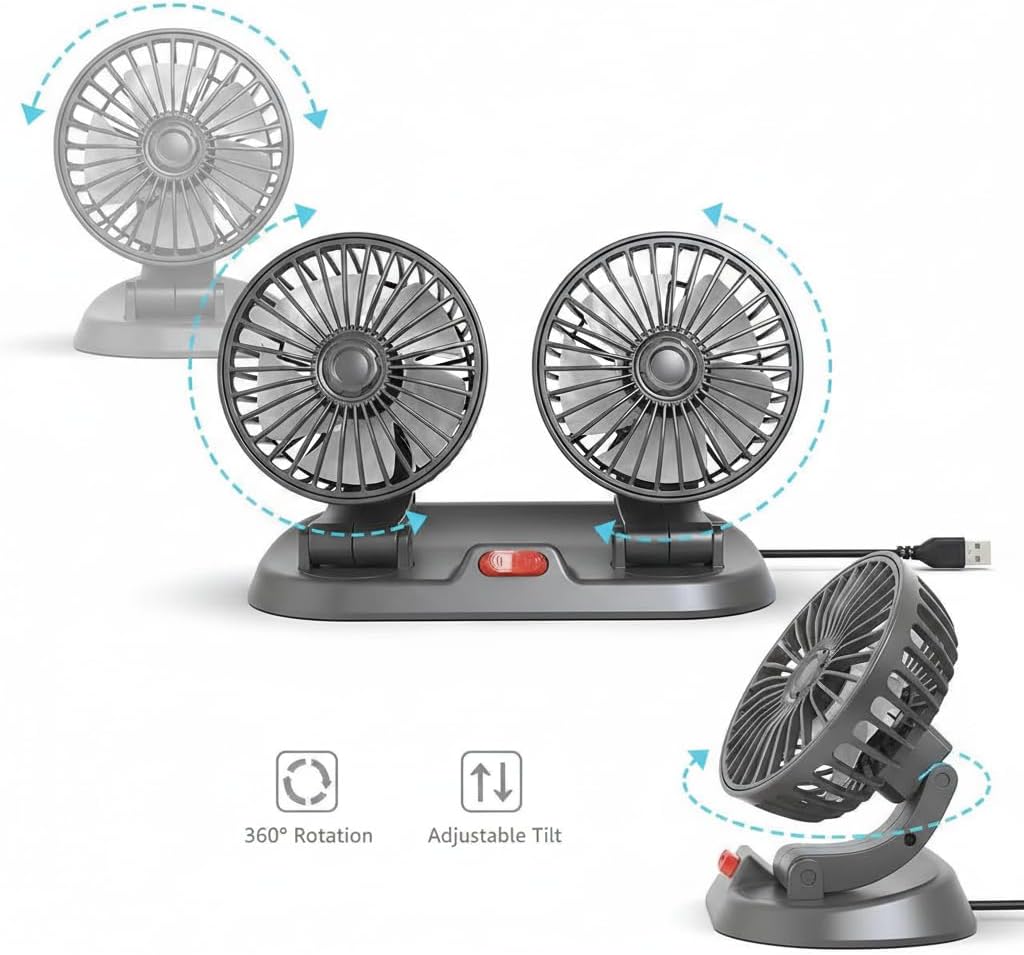 Dual Head Car Fan 5V USB Powered - 360° Rotatable Dashboard Cooling Air Circulator with 3 Speeds - Strong Wind Electric Fan for Car SUV RV Truck - Quiet Vehicle Fan for Front/Rear (USB-5V-Dual)