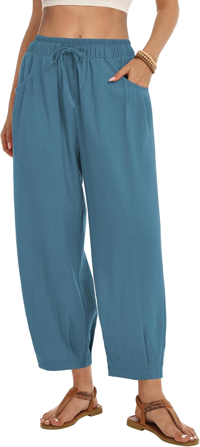 ZJCT Womens Linen Wide Leg Pants Summer Casual Palazzo Pants Drawstring Ankle Length Beach Harem Trousers with Pockets
