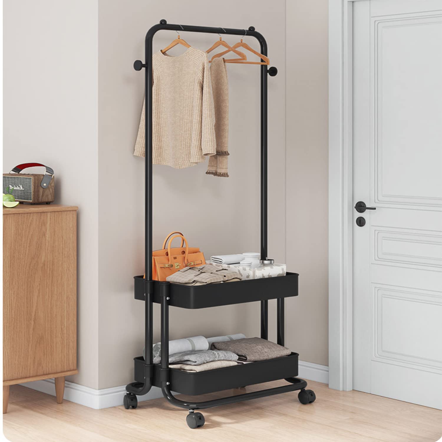 GKEVERSpace-Saving Rolling Clothing Rack, Freestanding Hanger with Wheels, Sturdy Metal Garment Rack for for Home Bedroom (black)