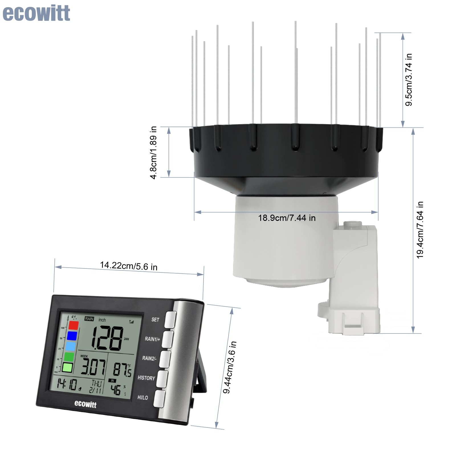 ECOWITT WH5370H bezprzewodowy cyfrowy deszczomierz (z termometrem), wysoce precyzyjny, samoopróżniający się zbiornik na deszcz o ulepszonej konstrukcji lejka 3,5 cm do monitorowania deszczu w czasie