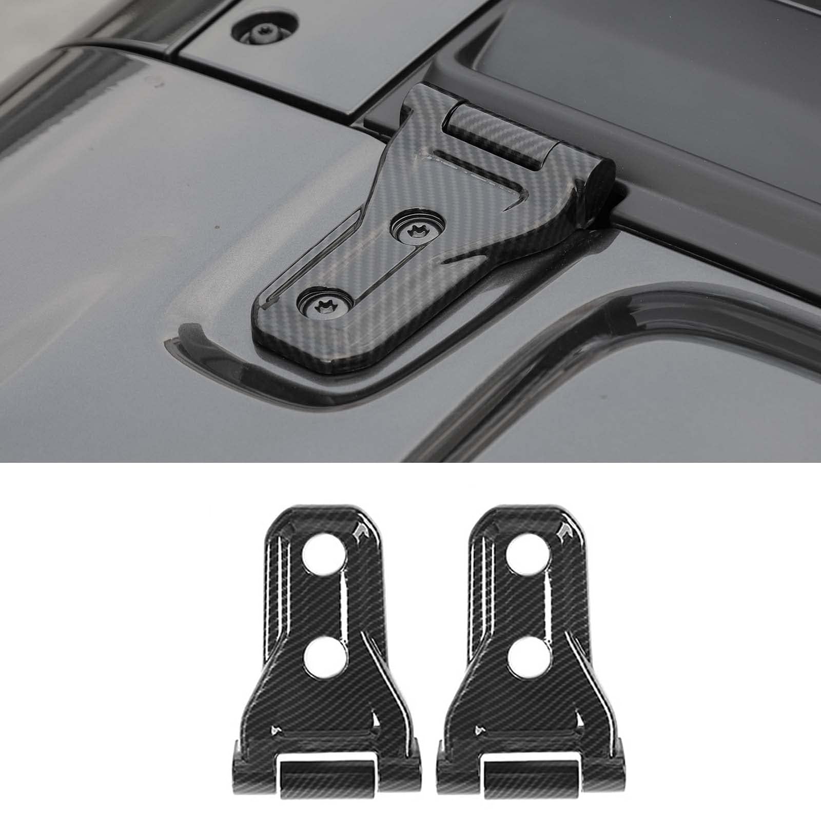 Lot de 2 protections de charnière de capot compatibles avec Jeep Wrangler JL JLU et Gladiator JT 2018-2023, accessoires extérieurs en fibre de carbone pour charnières de capot avant, plastique
