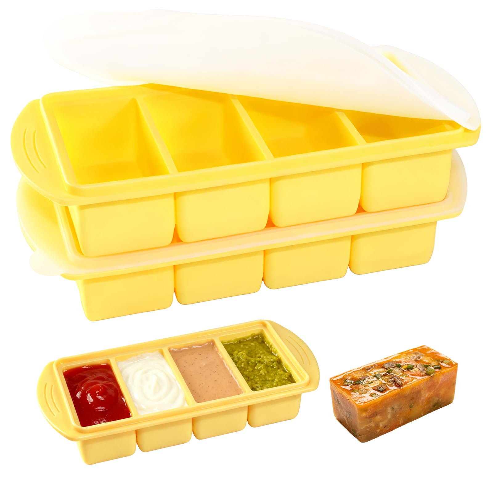 KEGOZ 2 Pack Silicone Freezer Tray with Lid, 1000ML Soup Freezer Containers, 4-Compartment Extra Large Soup Cube Silicone Freezer Tray for Storing Broth, Soup Cubes, Meal Prep, Sauce (Yellow)