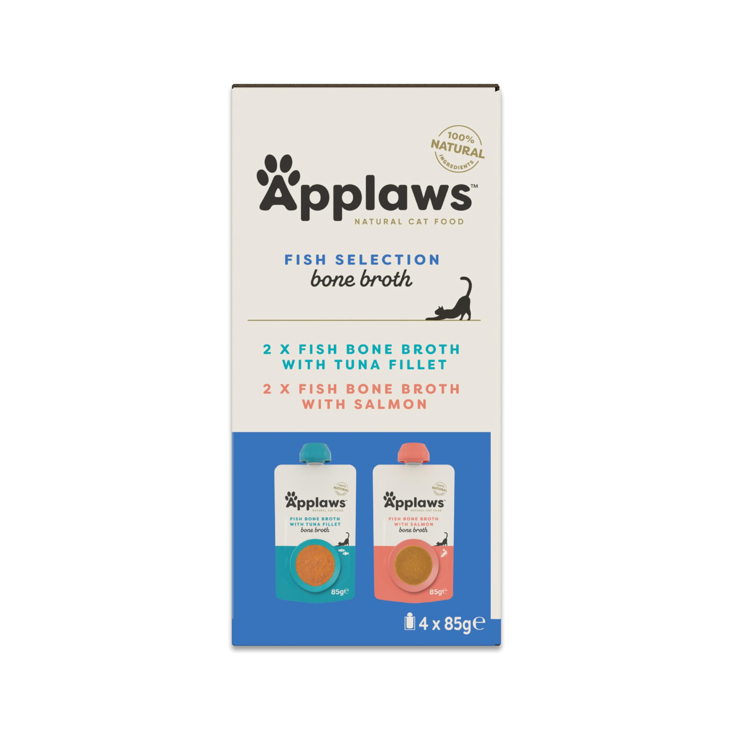 Applaws Comida Húmeda para Gatos 100% Natural – Surtido de Caldos de Pescado, en Bolsas con Boquilla de 85g