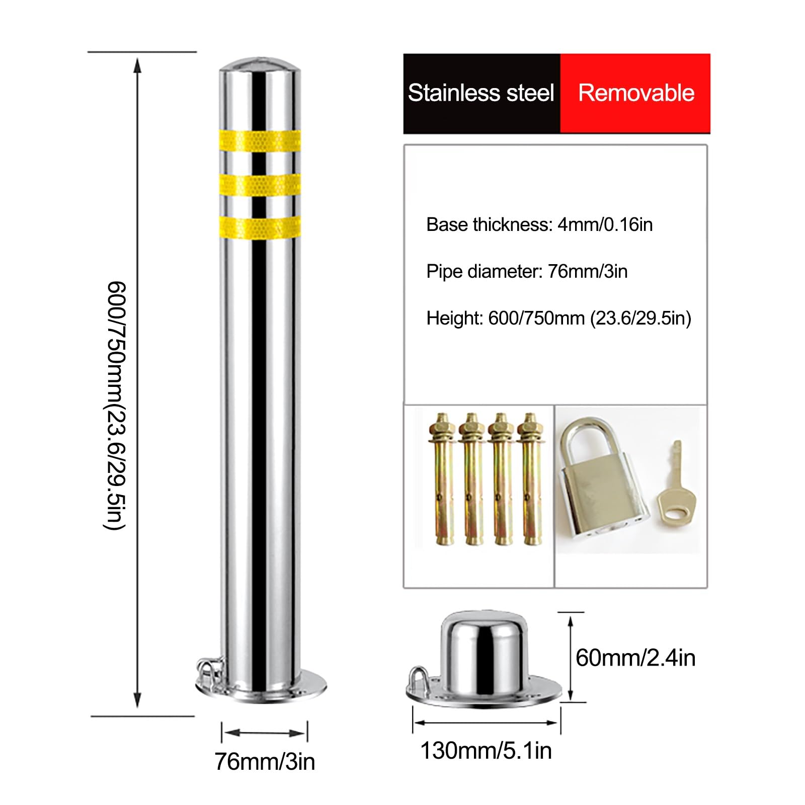 Bolardo de control de tráfico amarillo reflectante flexible de 23.6 pulgadas, poste de seguridad extraíble de acero inoxidable para construcción de carreteras, barrera de tráfico duradera (1 unidad)