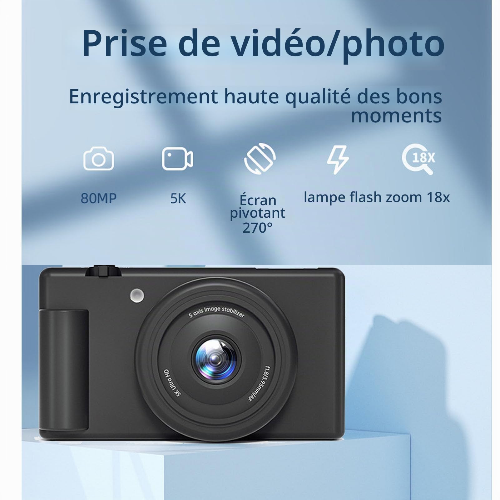 Appareil Photo Numérique 5K 30FPS 80MP avec WiFi, 18X Zoom Autofocus HD Caméra Vlogging avec Écran de 2,8 Pouces Rabattable à 180 Degrés, Gyroscope 5 Axes Anti Tremblement (Noir)