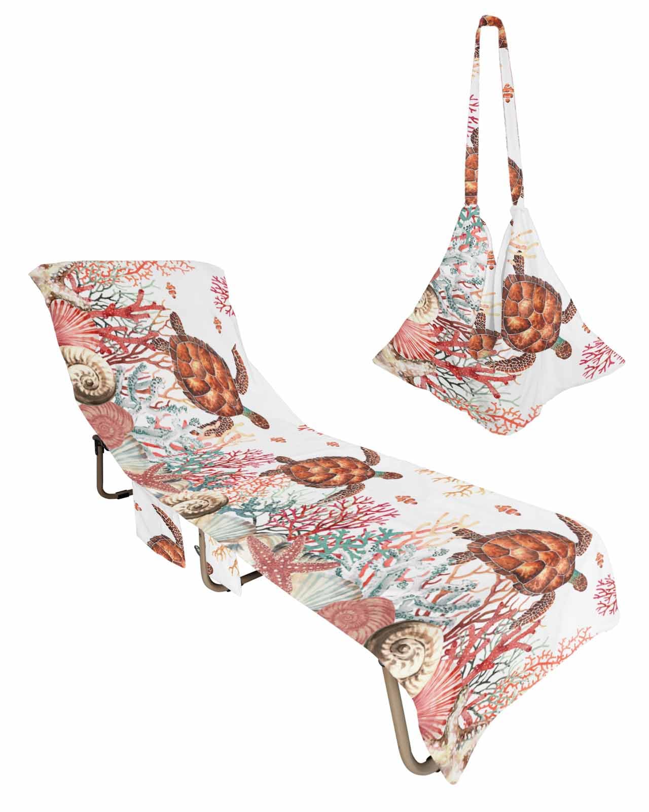 Nautical Turtle Coral Beach Chair Towel Covers for Chaise Lounge With Side Pocket, Soft Plush Pool Towels Cover for Patio Sunbathing Outdoor Tropical Summer Fish Seaweed Shell 29''x85''