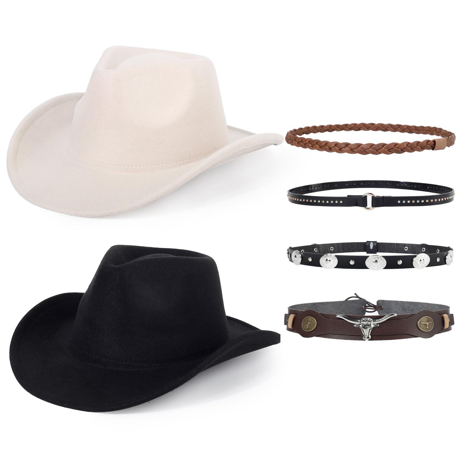 Beorndmy 2 Pack Western Cowboy Hats for Women and Men Classic Felt Wide Brim Costume Cow Boy Hat Roll Up Brim Cowgirl Hat