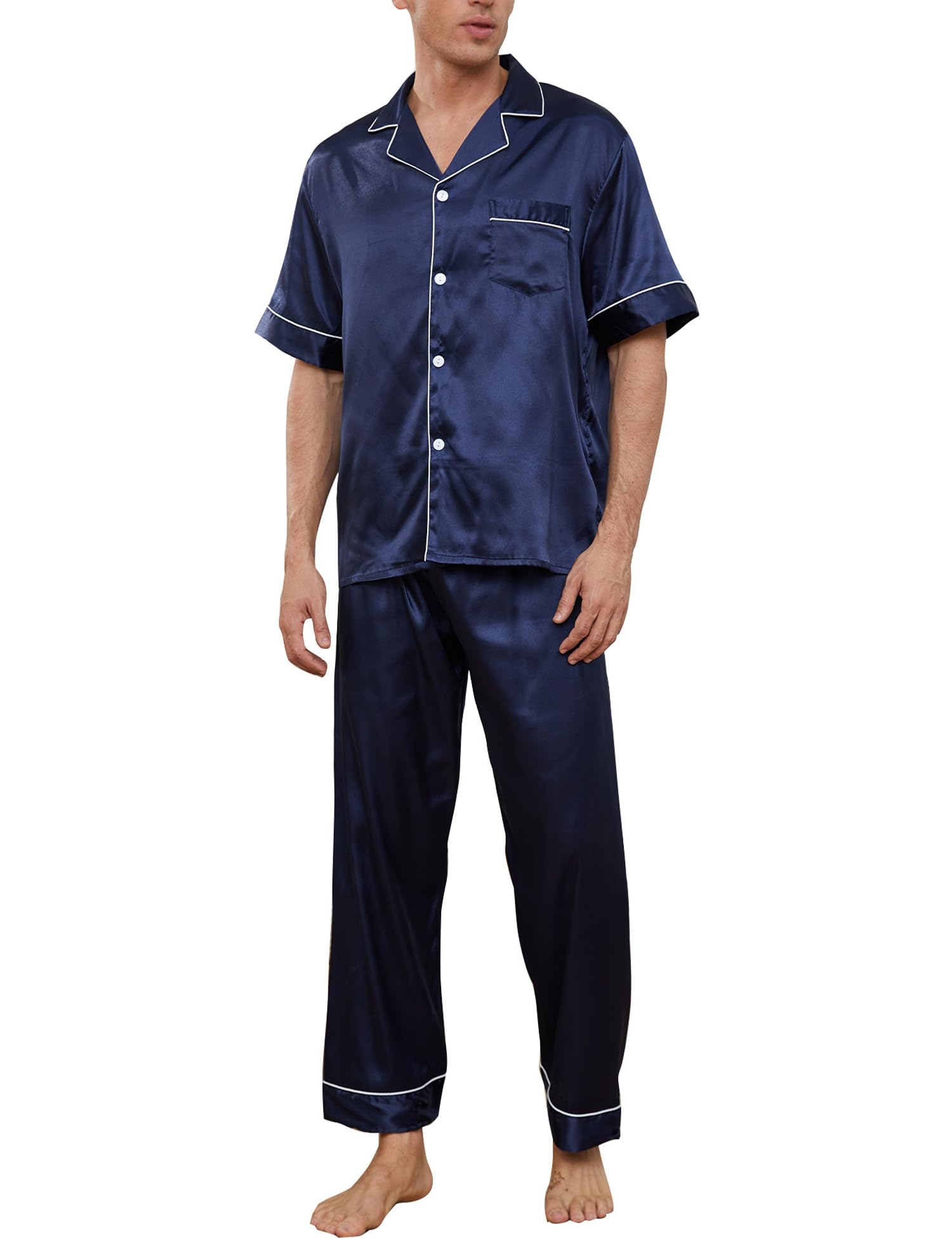 GAESHOW Pijamas de Satén para Hombre, Conjunto de Pijama de Seda de Satén para Hombre, Manga Corta con Botones, Ropa de Dormir, Ropa de Descanso, Conjuntos de Dos Piezas, S-XXL