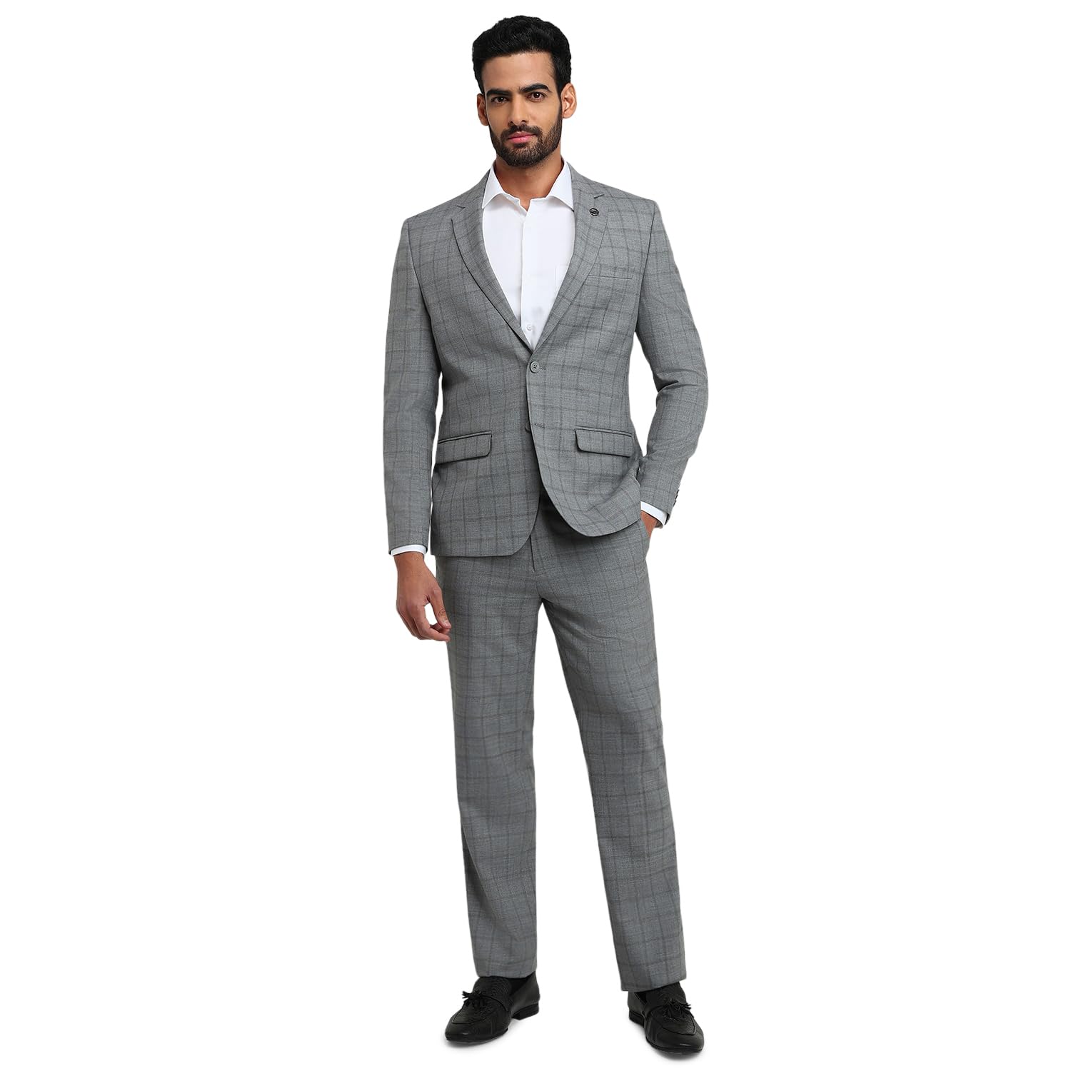 park avenue Men Slim Fit Solid Pattern Poly Viscose Wool Lycra Blend Notch Lapel Full Sleeve Formal Suit Grey-picture-25