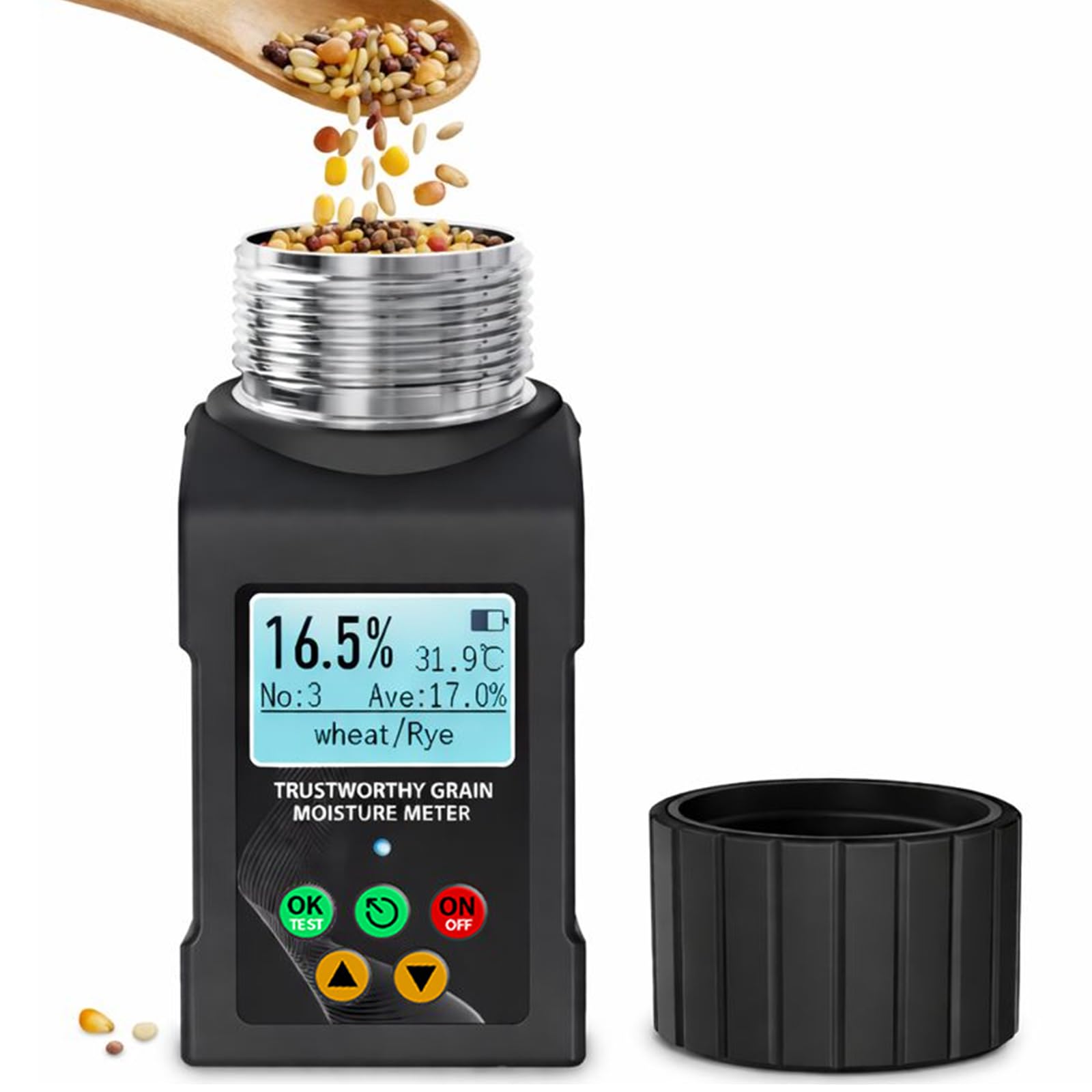 Grain Moisture Tester for 40 Grains, Smart Grain Coffee Bean Moisture Meter with Temperature Measurement, Data Storage, Portable Cup-Type Grain Moisture Detector for Wheat, Corn, Cocoa Beans, Seed