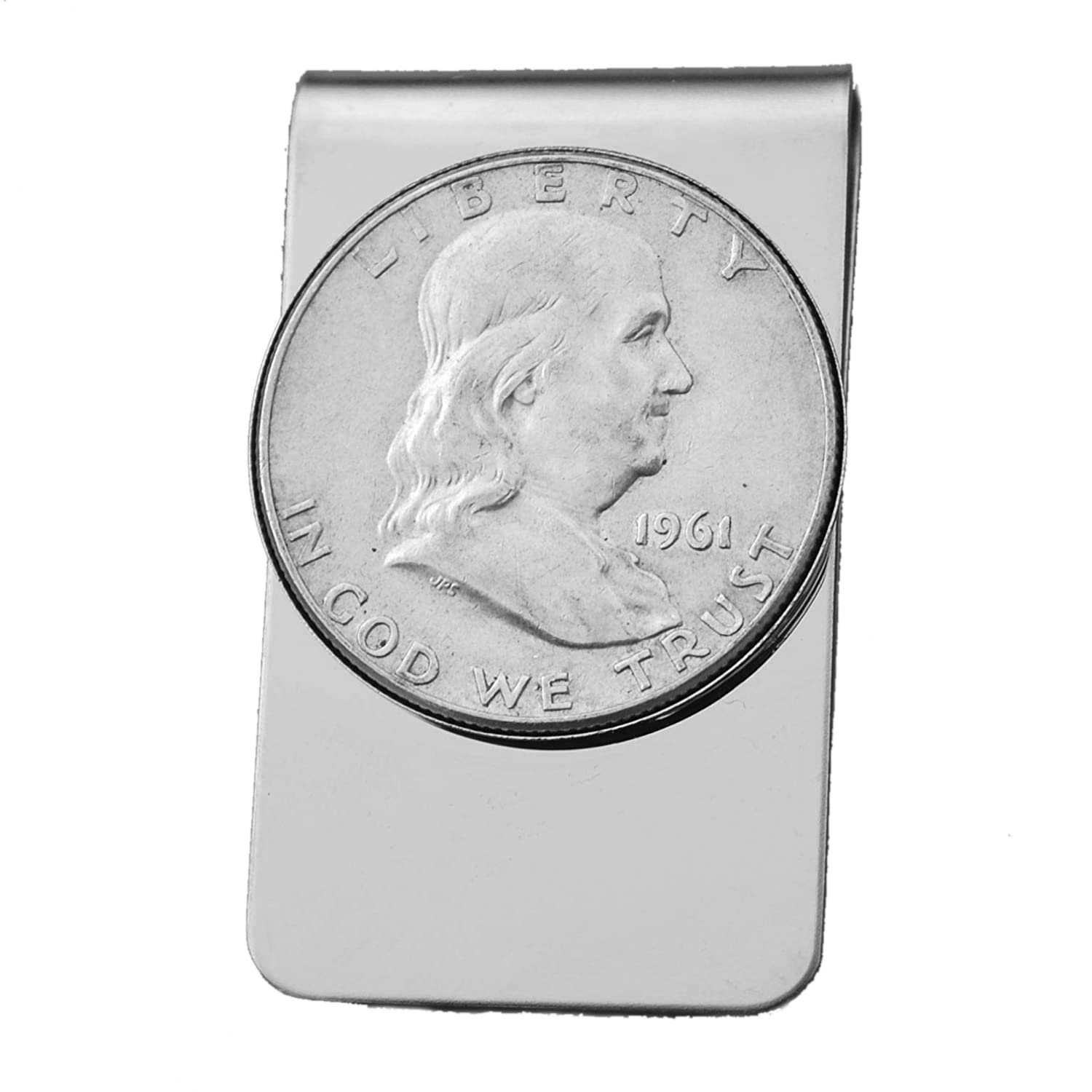 US 1961 Franklin Half Dollar 90% Silver Coin Stainless Steel Money Clip NEW - Silver Plated Coin Bezel