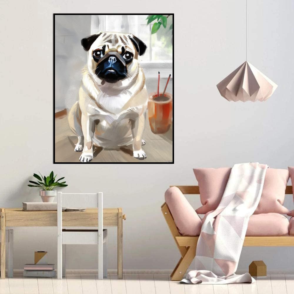 DIY Paint by Numbers Pug Dog on Canvas Painting Kits for Adult, Beginner Oil Painting Kits Gift 16x20inch(40x50cm) Frameless