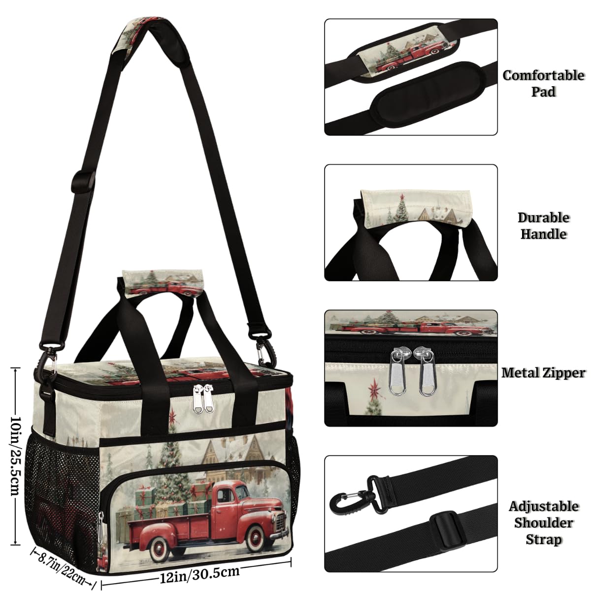 Insulated Picnic Backpack Lunch Box for Women Men Picnic Basket Tote Lunch Bag Picnic Bag Portable Lunch Bags for Picnic, Beach, Work, Trip,Office, Camp Christmas Truck with Trees