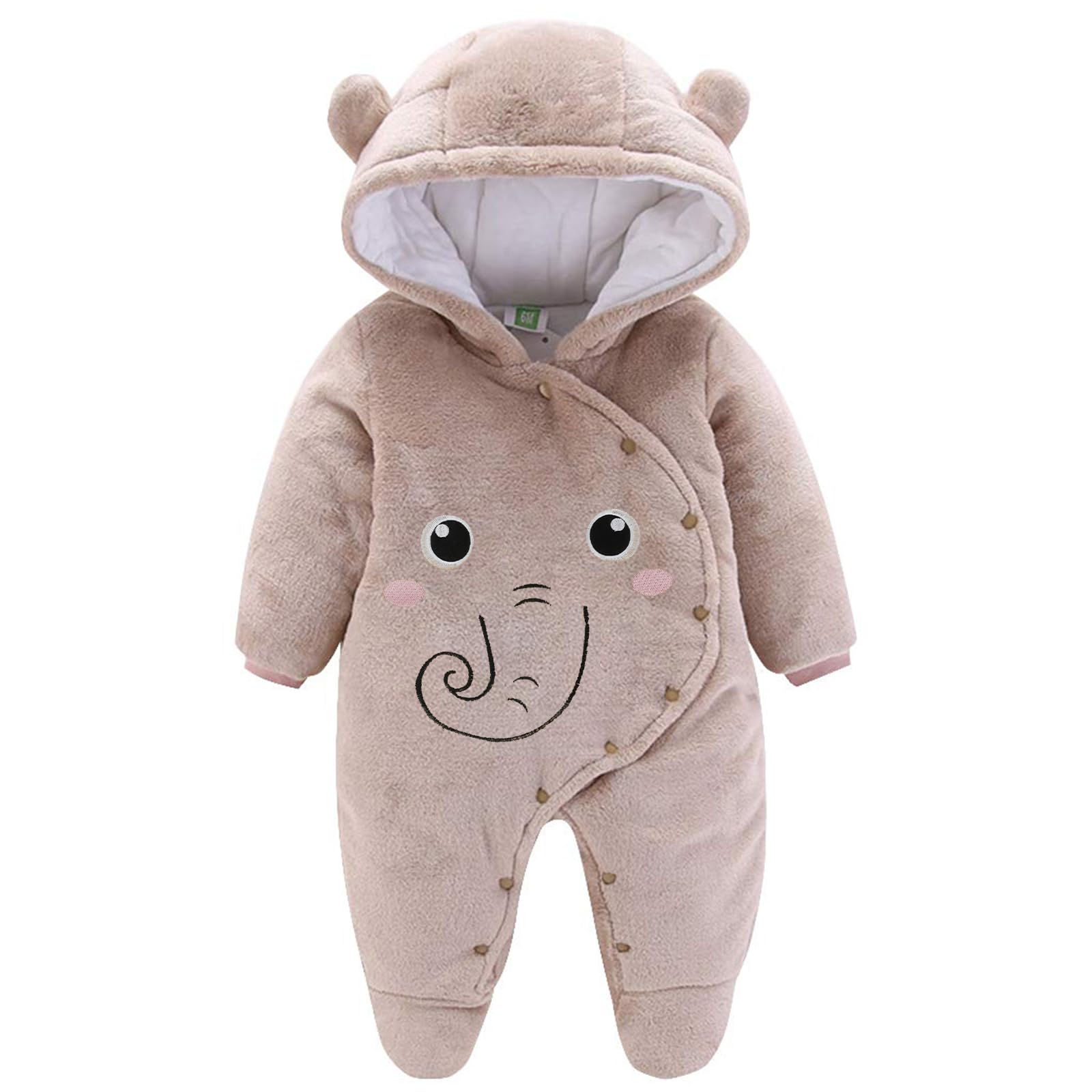 Tuta invernale in pile con cappuccio, per bambini, abbigliamento caldo da neve, da 3 a 6 mesi, motivo elefante nero