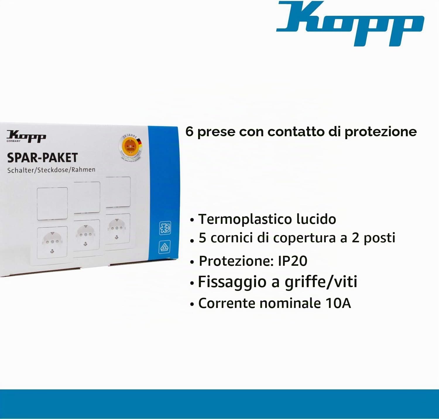 Kopp Paris Set economico bianco artico, contenuto: 6 x prese di contatto con protezione aumentata, 4 x interruttori di spegnimento e commutazione e 5 x telai di copertura a 2 pieghe, 990065007