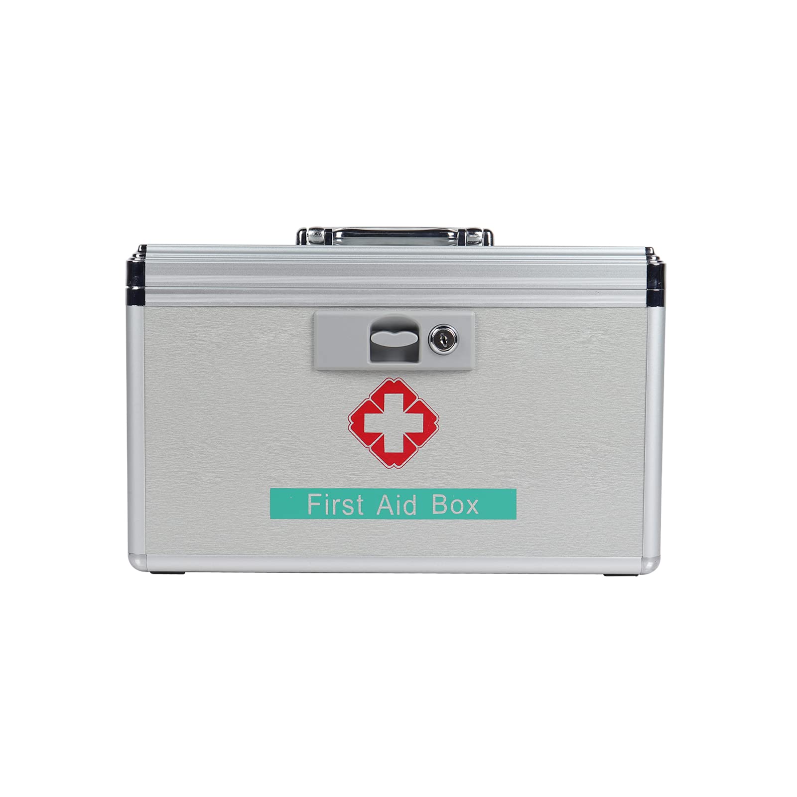 Portable Medical Locking Box, Aluminum Emergency First Aid Kit with Lock for First Aid Supplies 15×8.7×9.4 inches, Silver