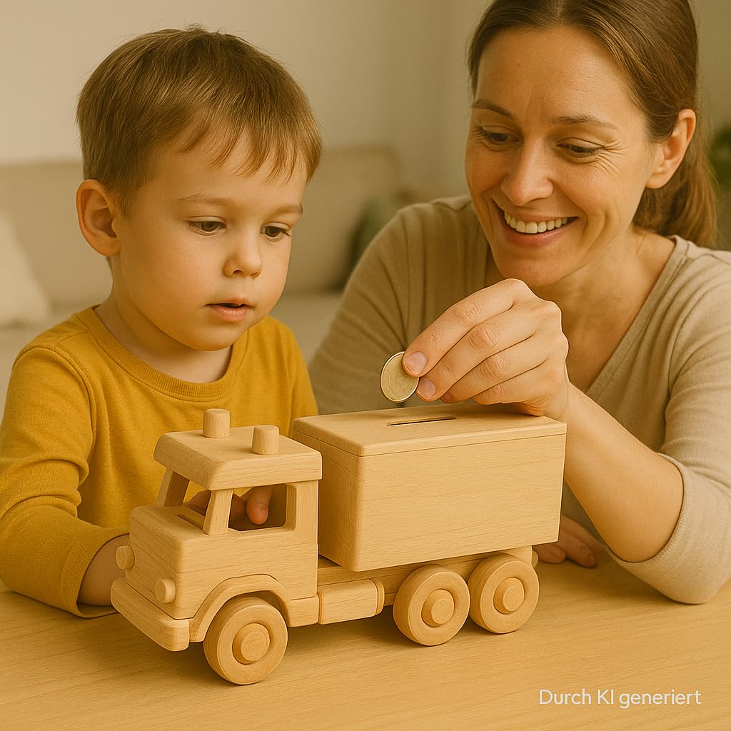 Dekohelden24 Tirelire en Bois Mobile Durable – Tirelire en Tant Que Camion XXL – Camion – Tirelire pour Enfants Camion – Grande Tirelire en Bois – Camion, L/l/H 30 x 11 x 15 cm.