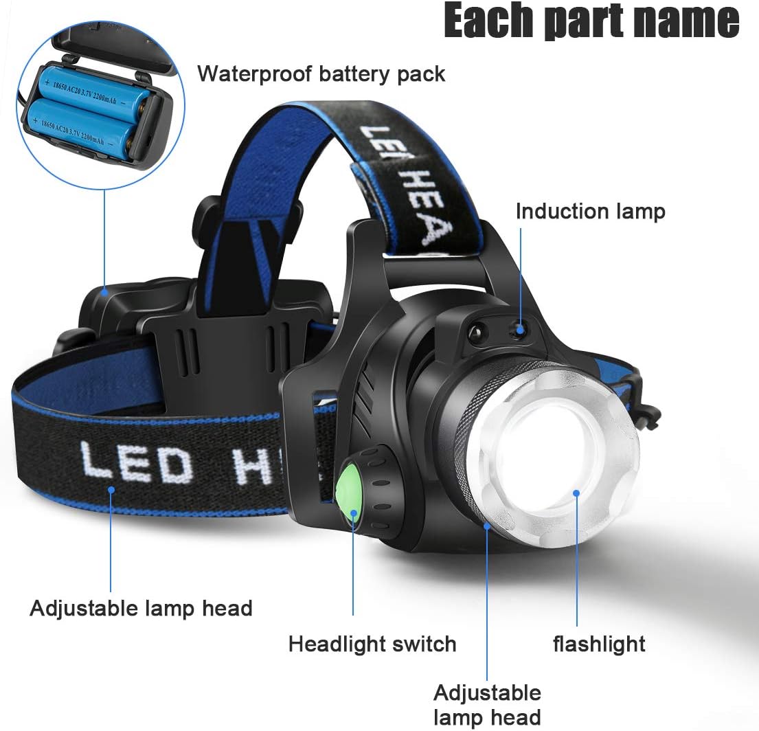 Headlamp Flashlight, USB Rechargeable Led Head Lamp,Waterproof T6 Headlight with 4 Modes and Adjustable Headband, Perfect for Camping, Hiking, Hunting (Black, 1 PCS) : Tools & Home Improvement