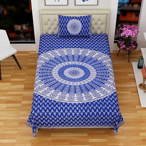 Image of RajasthaniKart Comfort Rajasthani Jaipuri Traditional Sanganeri Print 144 TC 100% Cotton Single Bedsheet with 1 Pillow Cover SB-256 (Blue)