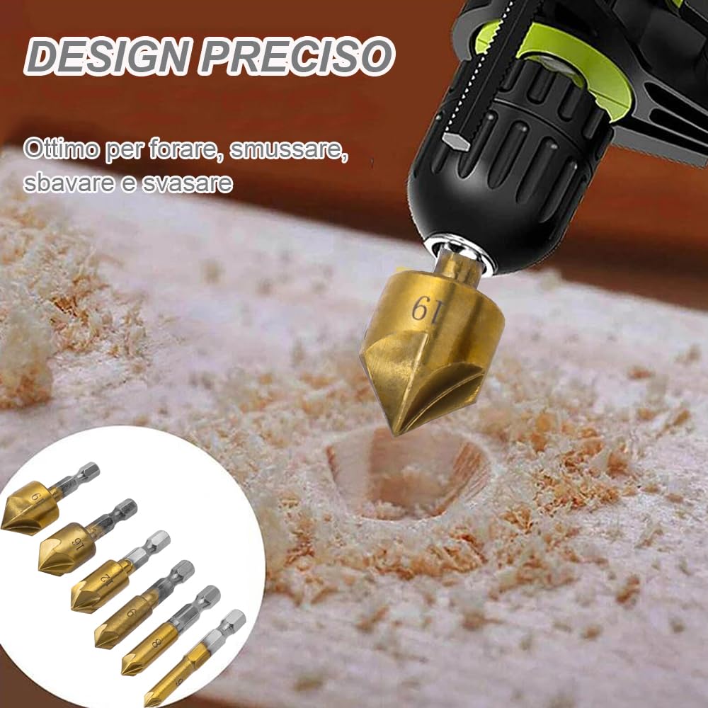 6 Pezzi 82° Svasatore Conico in HSS Titanio Rivestito, Svasatore Conico in HSS Titanio Rivestito con Codolo Esagonale con Alesatore per Fori 6-19 mm
