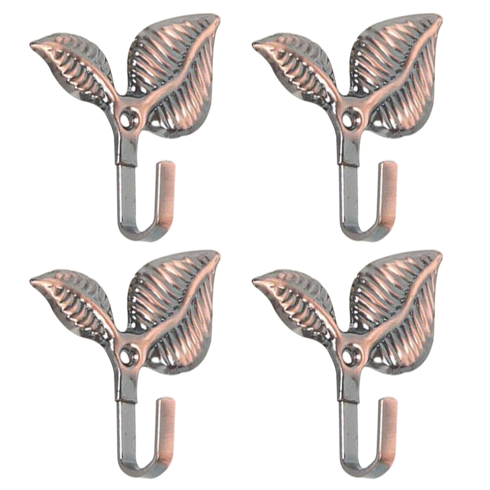 AURIVISTA 4 Pack Antique Brass Leaf Design Iron Curtain Hooks with Mounting Screws, Wall-Mounted Drapery Tiebacks for Window Treatments, Towels & Accessories