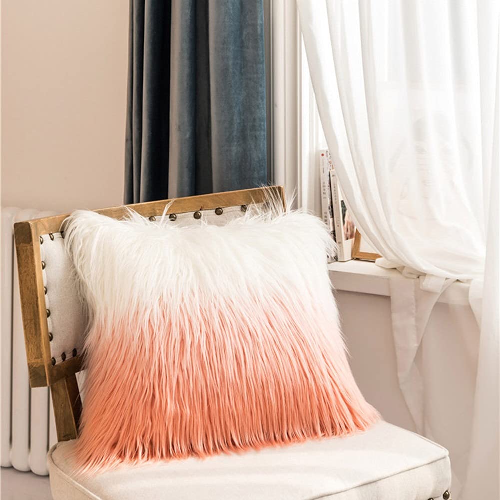 MiDuoHU Gradient Faux Fur Cushion Covers, Decorative Fluffy Throw Pillow Cover Square Pillowcases 50X50cm for Sofa Couch Bedroom Livingroom(Orange+White)
