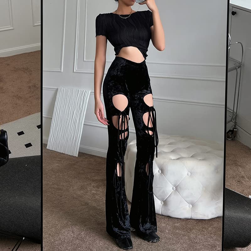 heyheyshine Women's Y2K high waist hollowed out velvet straight leg pants with pants women3