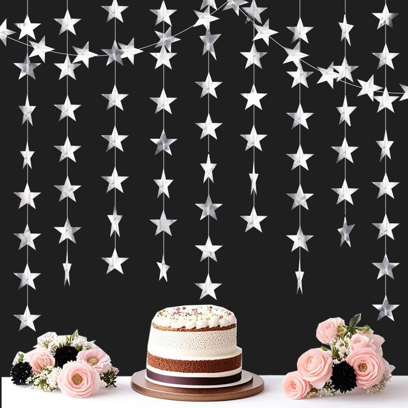 Image of Silver Shining Star Hanging Garland Silver Hanging Sparkling Star Streamer Glitter Bunting Banner Twinkle Backdrop for Wedding Baby Shower Birthday Christmas Decorations 40 Feet