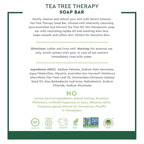 Miniatura 4 de Desert Essence Barra de jabón limpiadora Tea Tree Therapy, a base botánica con aceite de palma sostenible, árbol de té Eco-Harvest, aceite de