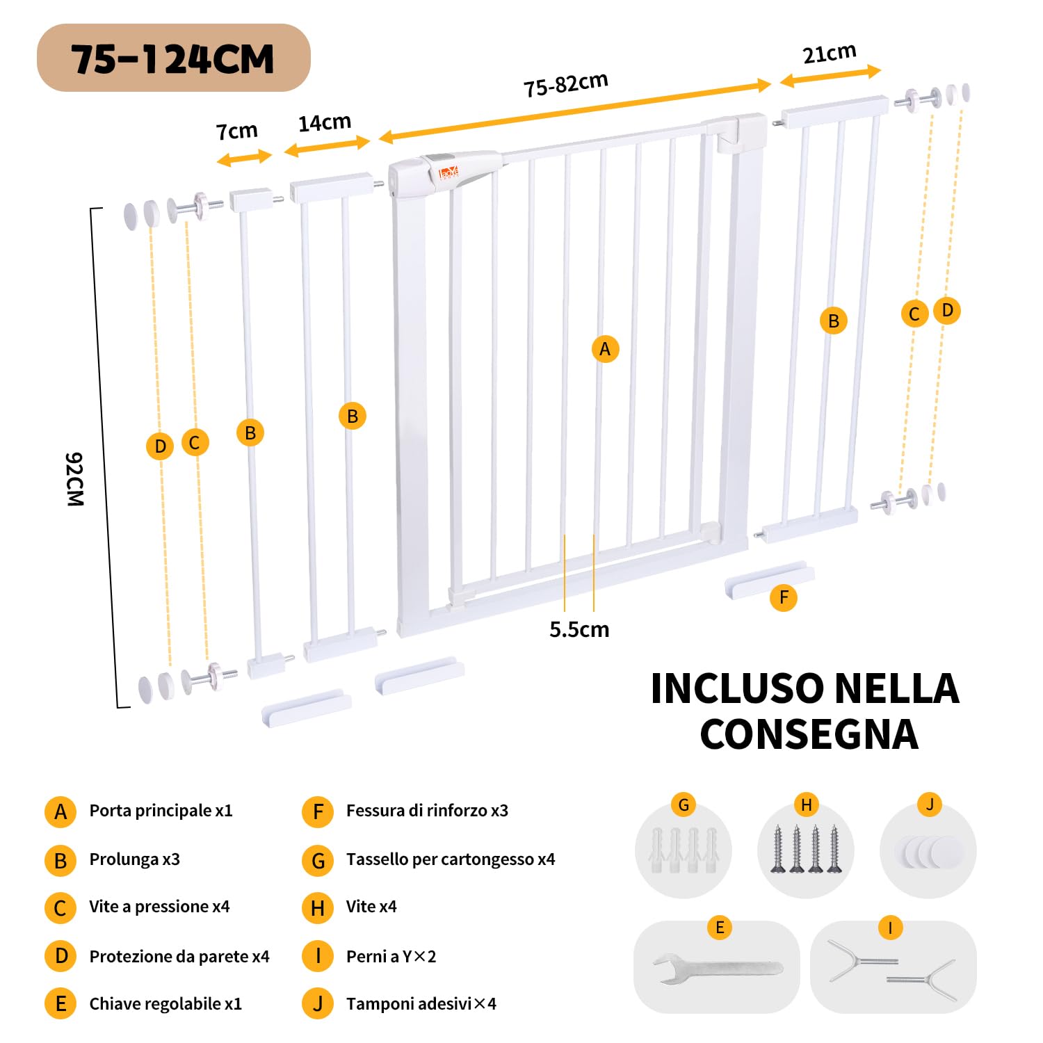 LAOYE cancelletto per bambini, Cancelletto per scale senza trapano, altezza extra alta 92 cm, larghezza 75-124 cm con 3 estensioni, per bambini, cani gatti, chiusura automatica arresto a 90°-Bianco
