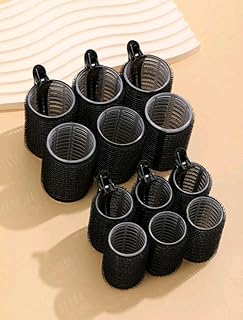 مجموعة بكرات الشعر، 18 قطعة مع مشابك، مقاس كبير ومتوسط لجميع أنواع الشعر (أسود، L) (ذاتية الإمساك)