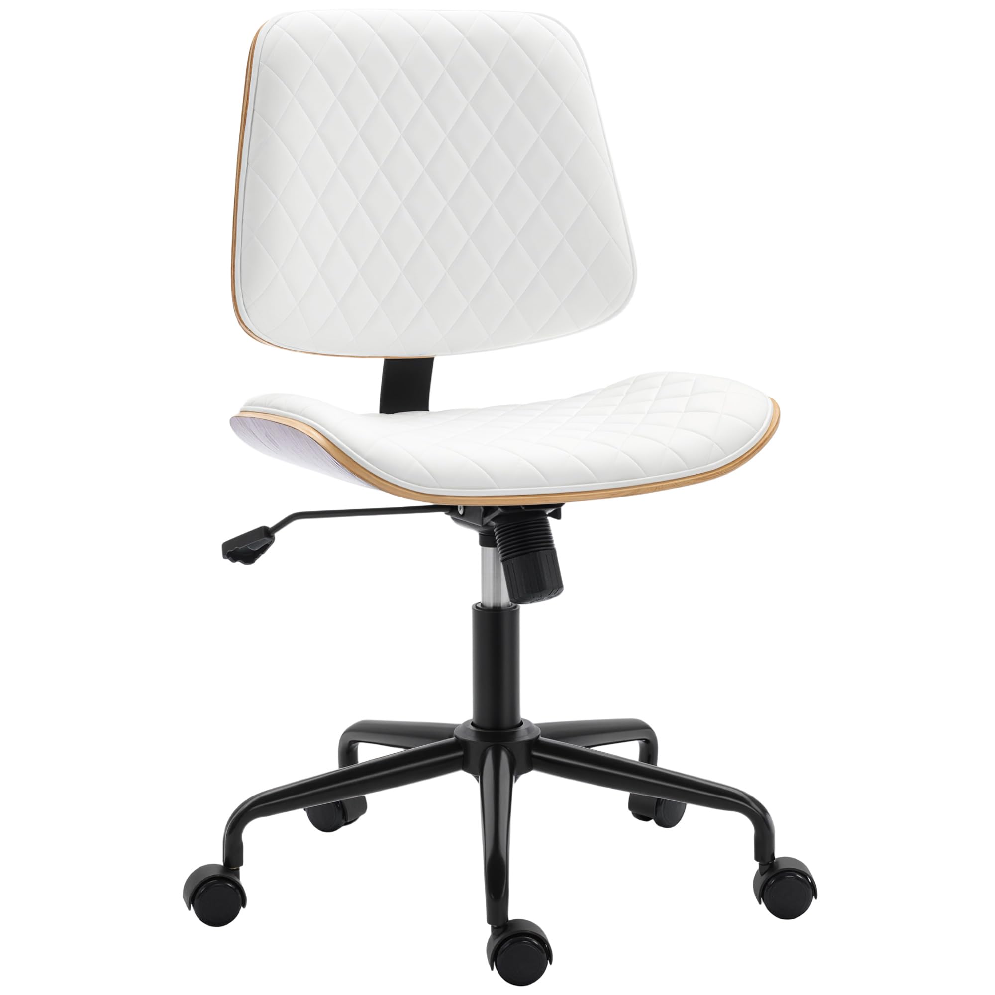 HOMCOM Silla de Escritorio sin Brazos, Silla de Oficina Giratoria, Tapizada en Cuero Sintético, con Respaldo Curvado, Asiento Forma U, Altura Ajustable, Basculante, Blanco
