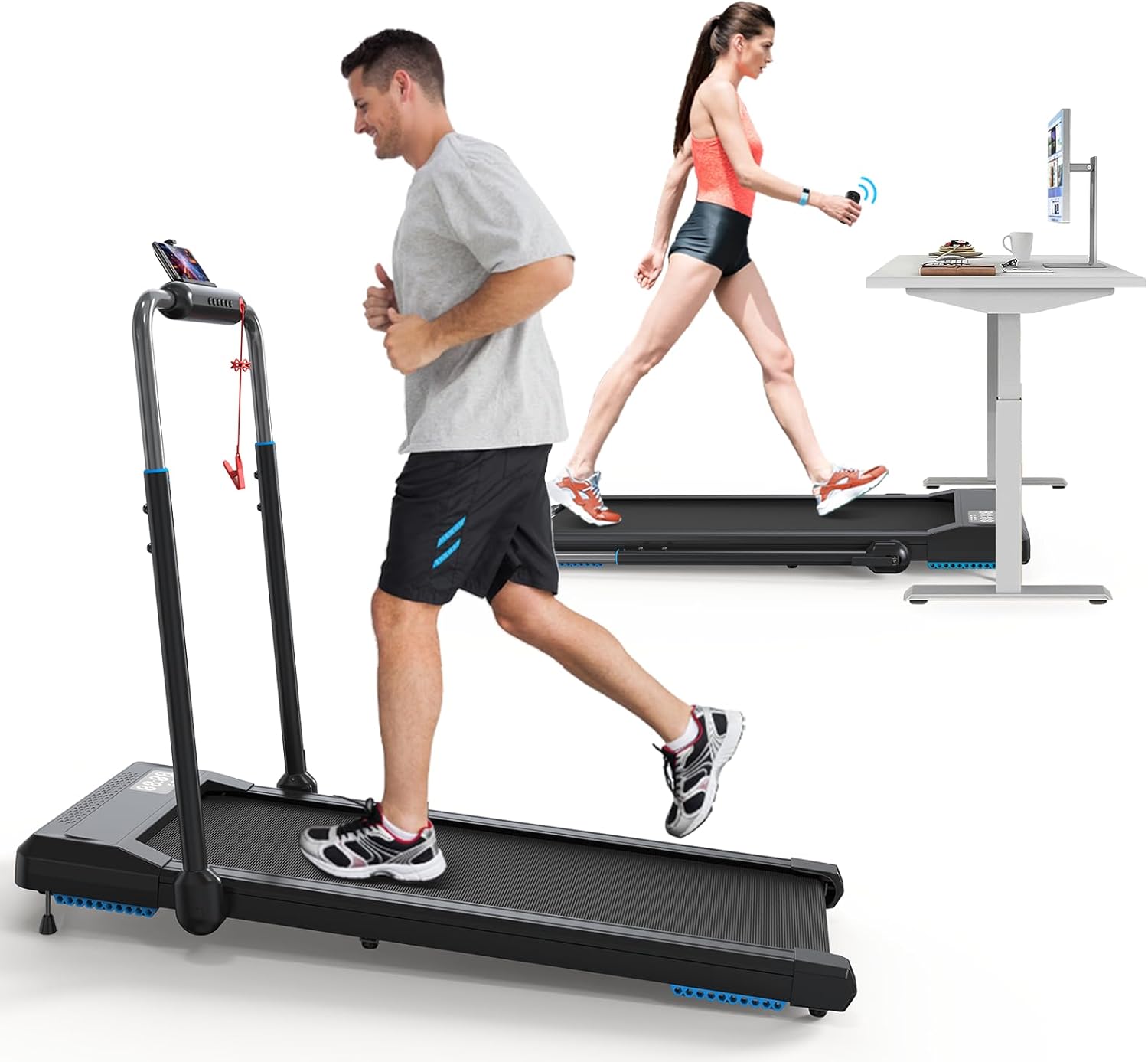 Man running on a treadmill and a woman walking on an under-desk walking pad, showcasing versatile use