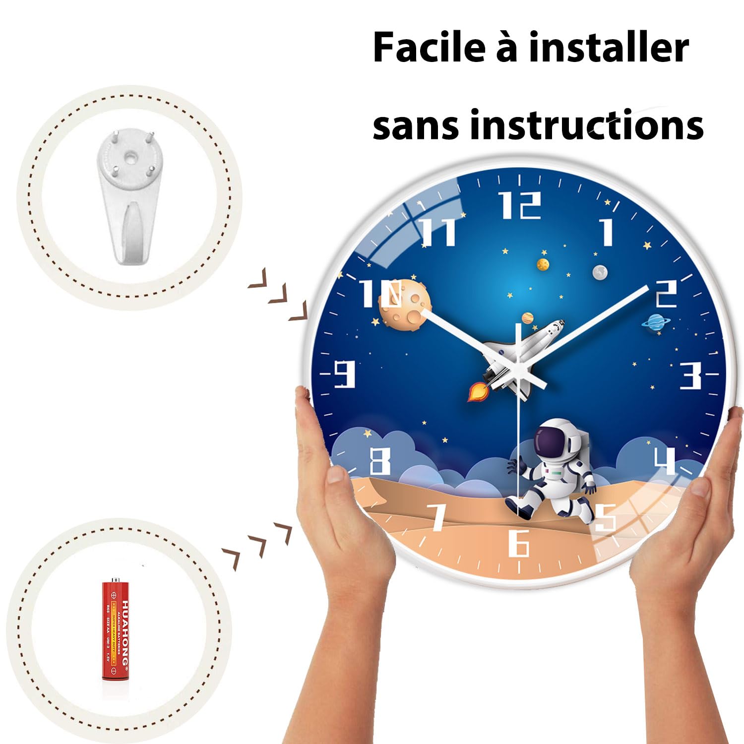 QINFIEY 30,5 cm lautloses Uhrwerk Kinder-Wanduhr, nicht tickend, runde Wanduhr, batteriebetrieben, Raum, Reisestil, Dekoration, Kinderuhr für Zuhause, Schule, Jungen, Schlafzimmer, Wohnzimmer (weiß)