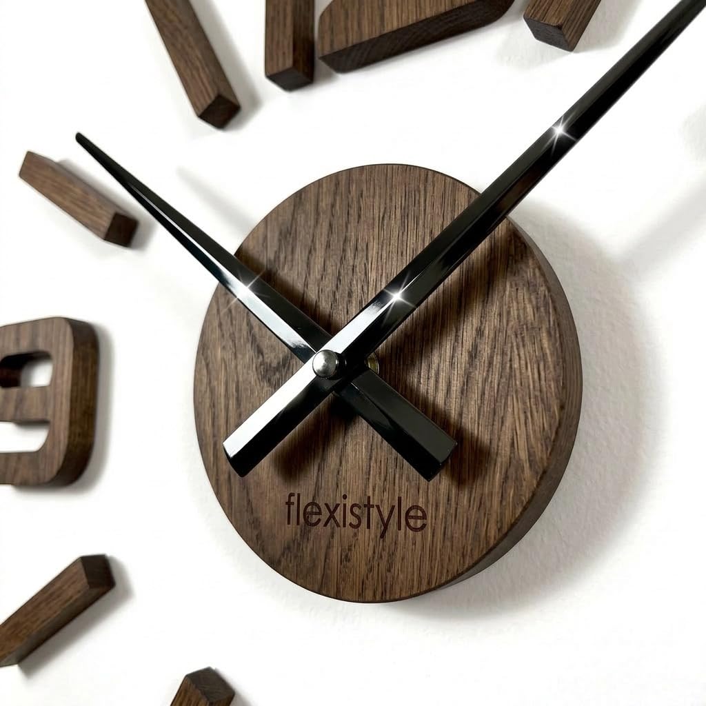 FLEXISTYLE Orologio da parete 3D fai da te, in legno di quercia/nero, grande, 100-130 cm (spessore 20 mm), decorazione da parete, per ufficio, soggiorno, camera da letto, articolo decorativo, orologio