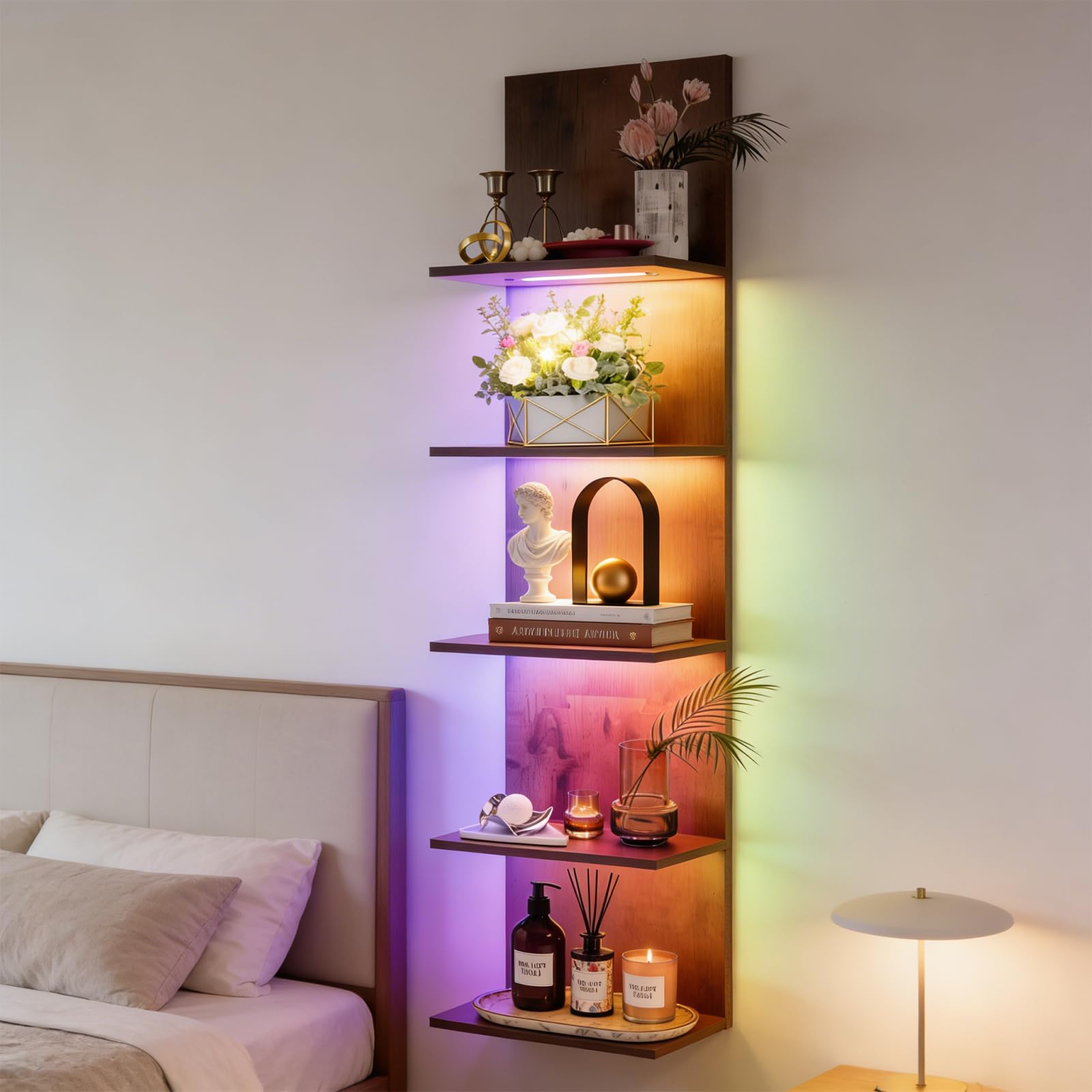 Wandregal mit RGB+IC-Beleuchtung, Bücherregal Wand mit APP & Fernbedienung | Wandregal Holz 5 Ebenen, Wandregal Schmal Schminktisch Regal für Schlafzimmer, Wohnzimmer, 30x18x117 cm, Holzfarben
