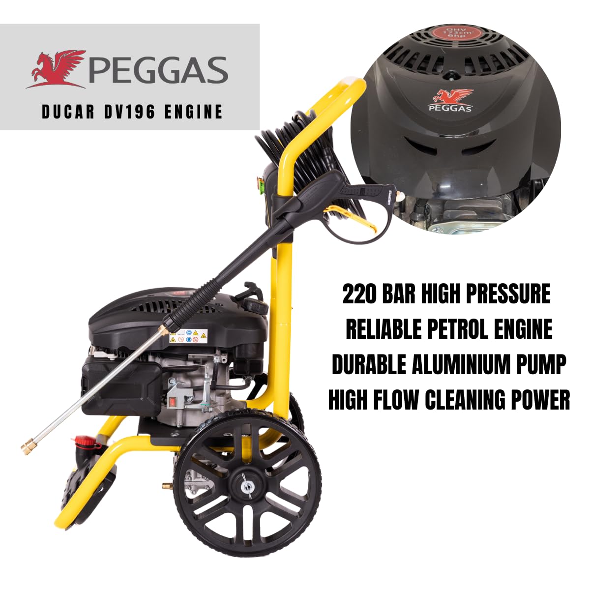 Lavadora a presión de gasolina 3200 PSI (220 bar), Ducar DV196 196cc 4.3HP Lavadora de alta presión a gas para coches, patio y jardín, WASPPER W3200VA