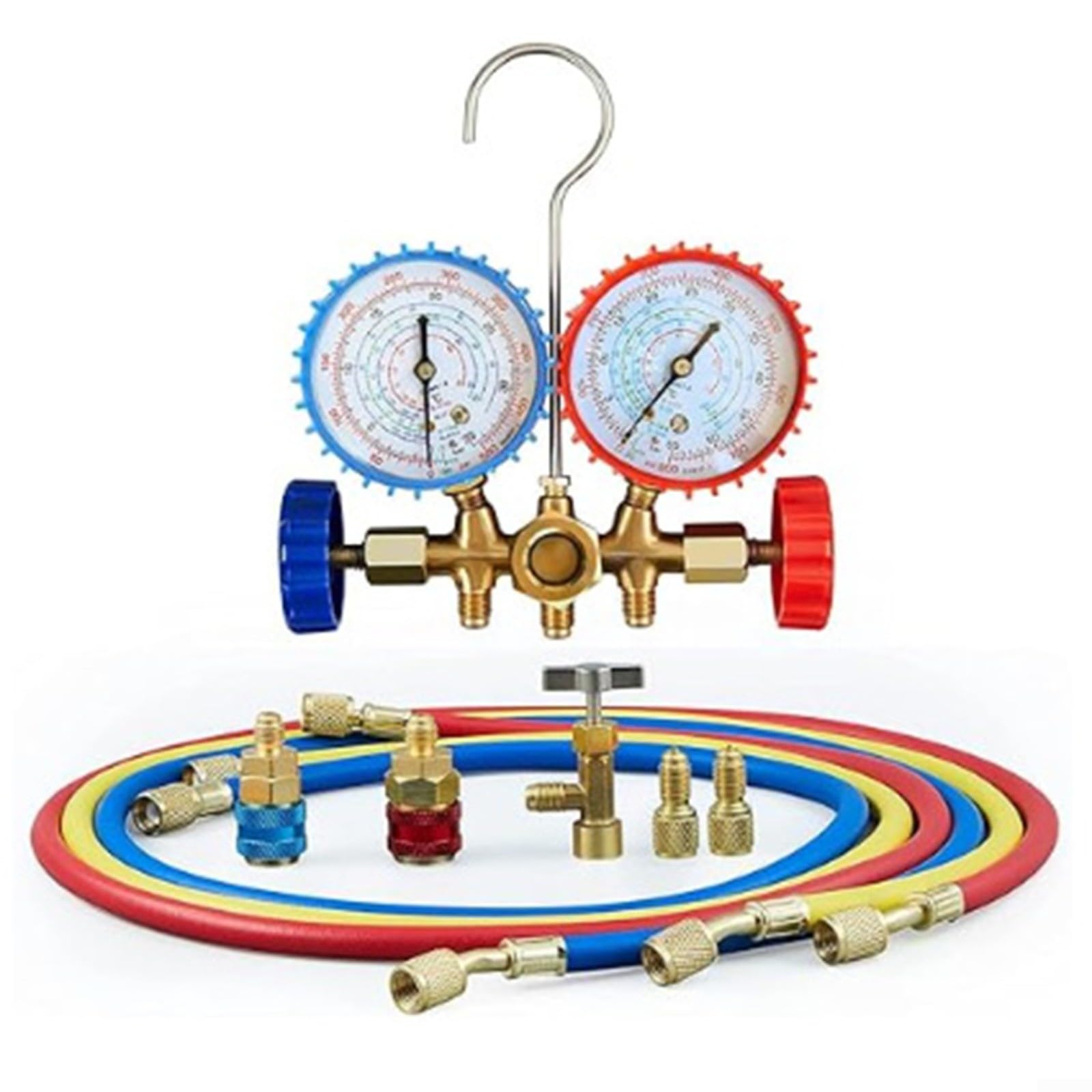 AC - Juego de manómetros de diagnóstico R32 R410A R22 para R134A Kit de herramientas de aire acondicionado profesional de 3 vías con mangueras