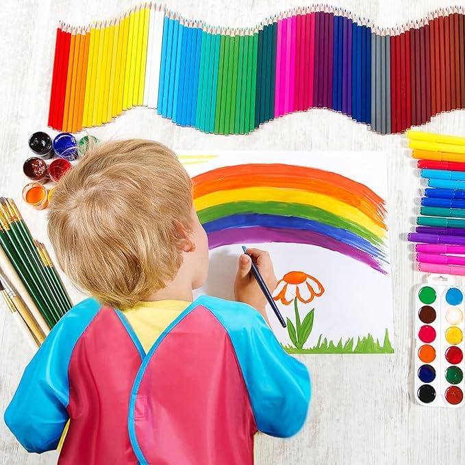 MSYU Confezione da 24 grembiuli da pittura, impermeabili, a maniche lunghe, con 3 tasche, per bambini dai 2 ai 7 anni (colorati)