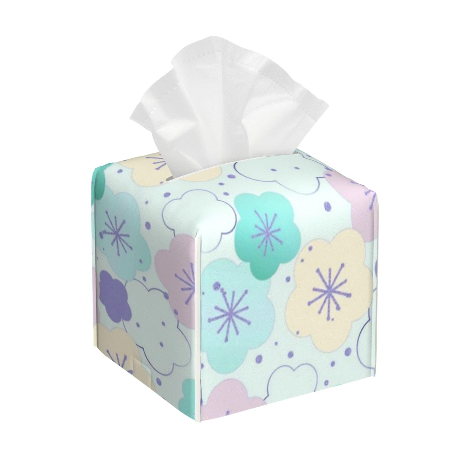 Mint Blossom Pattern Tissue Box Cover 5" Square Leather Tissue Holder Facial Tissue Case for Tabletop Bedroom Bathroom Desk Decor